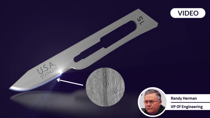 Randy Herman infront of an image of an AccuThrive #15 surgical blade with MicroCoat