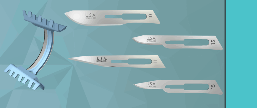 AccuThrive Surgical blades ranging from DermaBlade, #15 surgical blade, #15C surgical blade, #11 surgical blade, #10 surgical blade