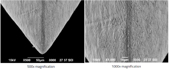 Figure 2 showing a surgical blade edge with uniform layers of coating on it.