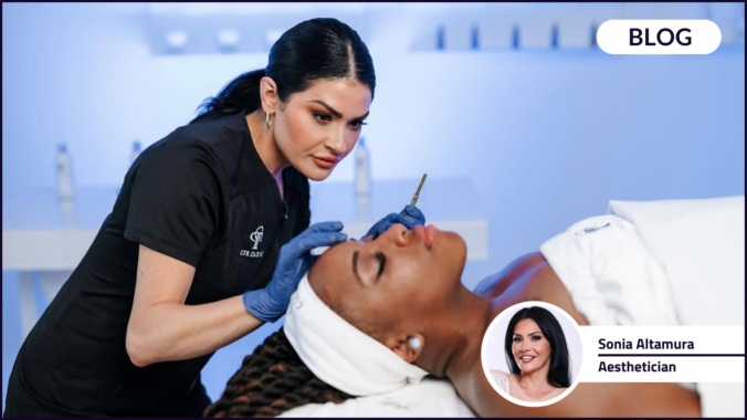 Sonia Altamura aesthetician prepares to dermaplane a patients face