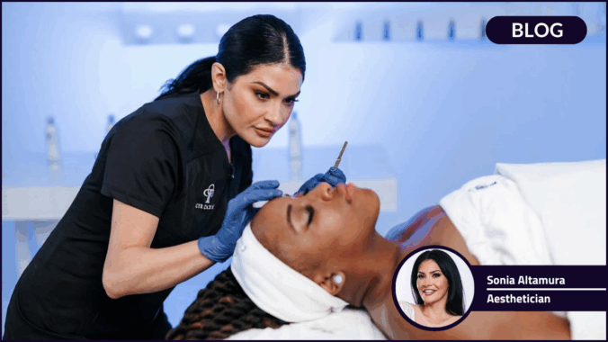 Sonia Altamura aesthetician prepares to dermaplane a patients face