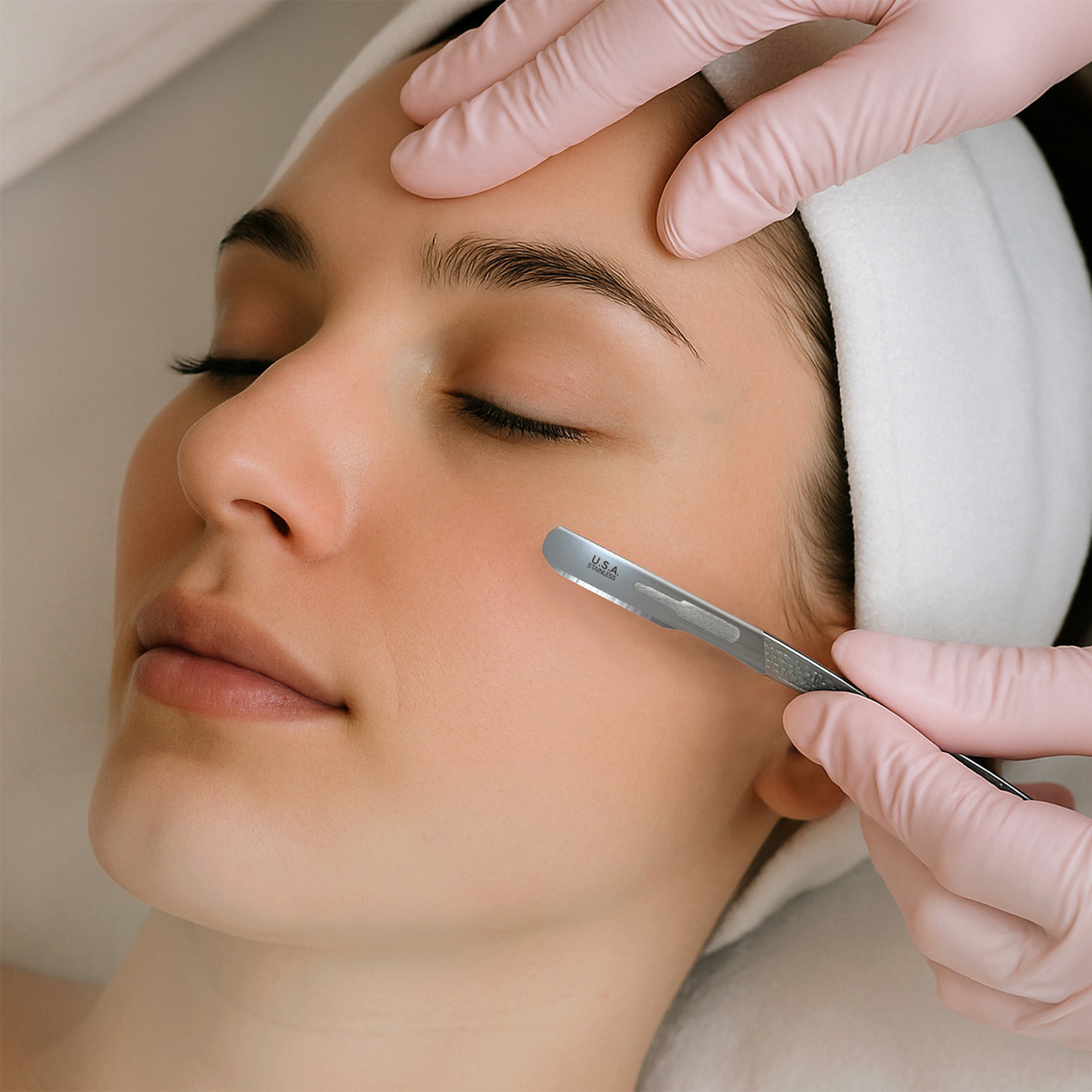 Beautiful woman with clear skin having her face dermaplaned by an esthetician.