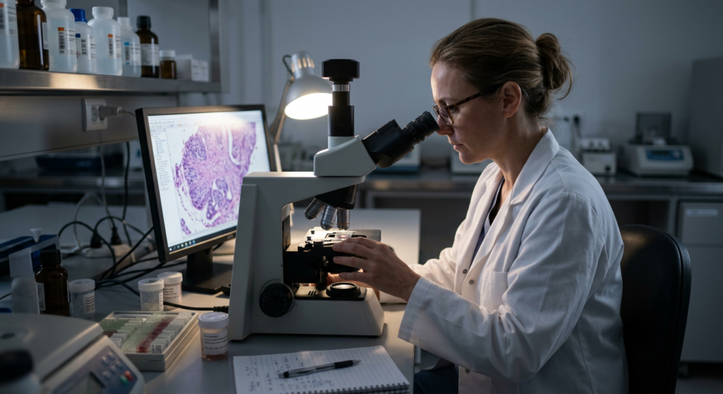 Pathologist looking through a microscope at a specimen.